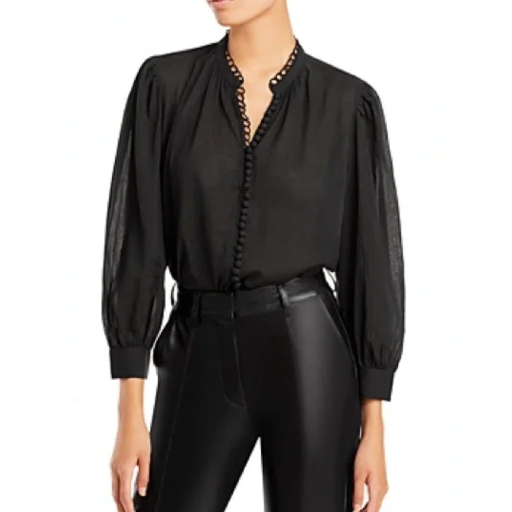 Sundays Cora Blouse Black Cotton Long Balloon Sleeve Button Front Boho XS NWT